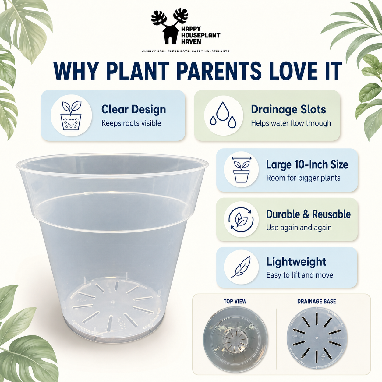 10-Inch Large Clear Nursery Pot | 2 Pack | Transparent Plastic Planter for Indoor & Outdoor Plants