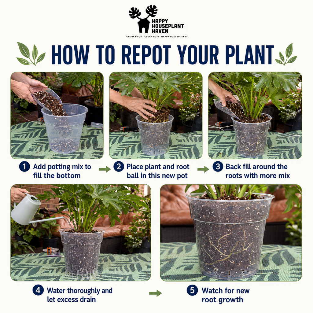 An instructional graphic titled 'HOW TO REPOT YOUR PLANT' from Happy Houseplant Finder, showing five numbered steps with photos of repotting a plant in a clear plastic pot, including adding potting mix, placing the plant and root ball, back filling around the roots, watering, and watching for root growth.