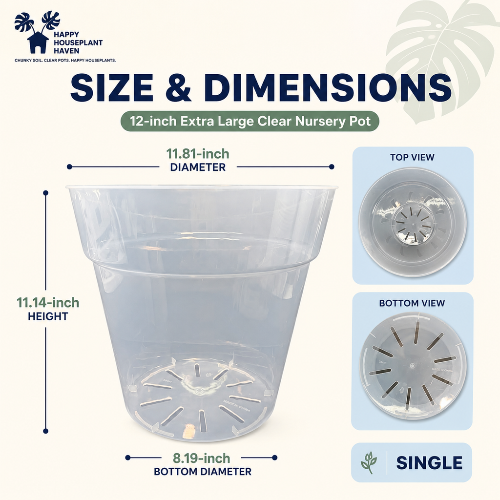 Size and dimensions chart for a 12-inch clear plastic nursery pot, showing the pot's height of 11.14 inches, diameter of 11.