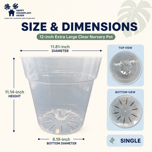 Size and dimensions chart for a 12-inch clear plastic nursery pot, showing the pot's height of 11.14 inches, diameter of 11.