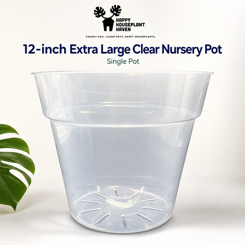A 12-inch clear plastic nursery pot with a drainage hole at the bottom, shown on a white background with a green monstera leaf on the left and text overlay at the top.