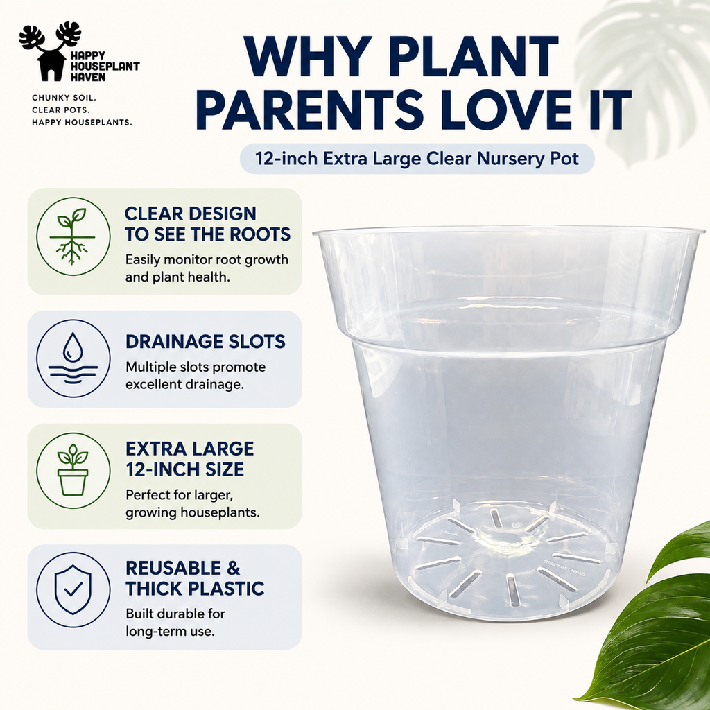A clear 12-inch extra large nursery pot shown on a white background with marketing text and icons explaining its features: clear root visibility, drainage slots, extra large size, and reusable thick plastic. The Happy House Plant Never logo appears in the top left, and green leaves appear in the bottom right corner.