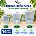 Three clear plastic nursery pots shown in different sizes with dimension labels: 4-inch, 6-inch, and 8-inch. The graphic includes the Happy House Plant Haven logo, text reading 'Three Useful Sizes,' and a bottom panel stating '14 pots total' with feature icons.