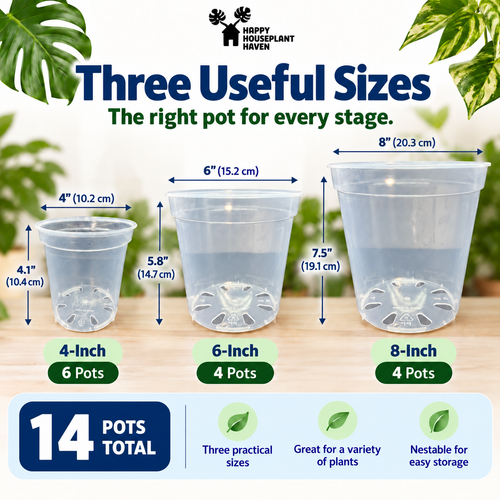 Three clear plastic nursery pots shown in different sizes with dimension labels: 4-inch, 6-inch, and 8-inch. The graphic includes the Happy House Plant Haven logo, text reading 'Three Useful Sizes,' and a bottom panel stating '14 pots total' with feature icons.