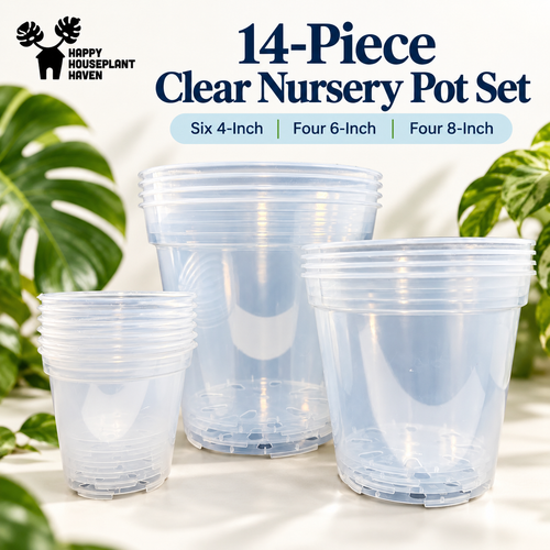A 14-piece set of clear plastic nursery pots in three sizes: six 4-inch pots, four 6-inch pots, and four 8-inch pots. The pots are shown on a white surface with green plant leaves in the background.