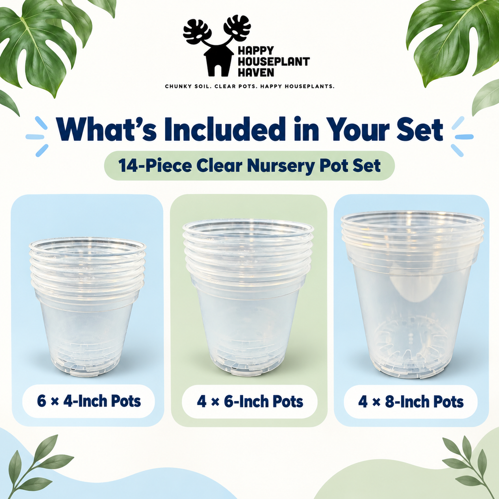 Promotional graphic for a 14-piece clear nursery pot set by Happy Houseplant Haven, showing three stacks of transparent plastic pots in 4-inch, 6-inch, and 8-inch sizes on a light background with decorative leaves.