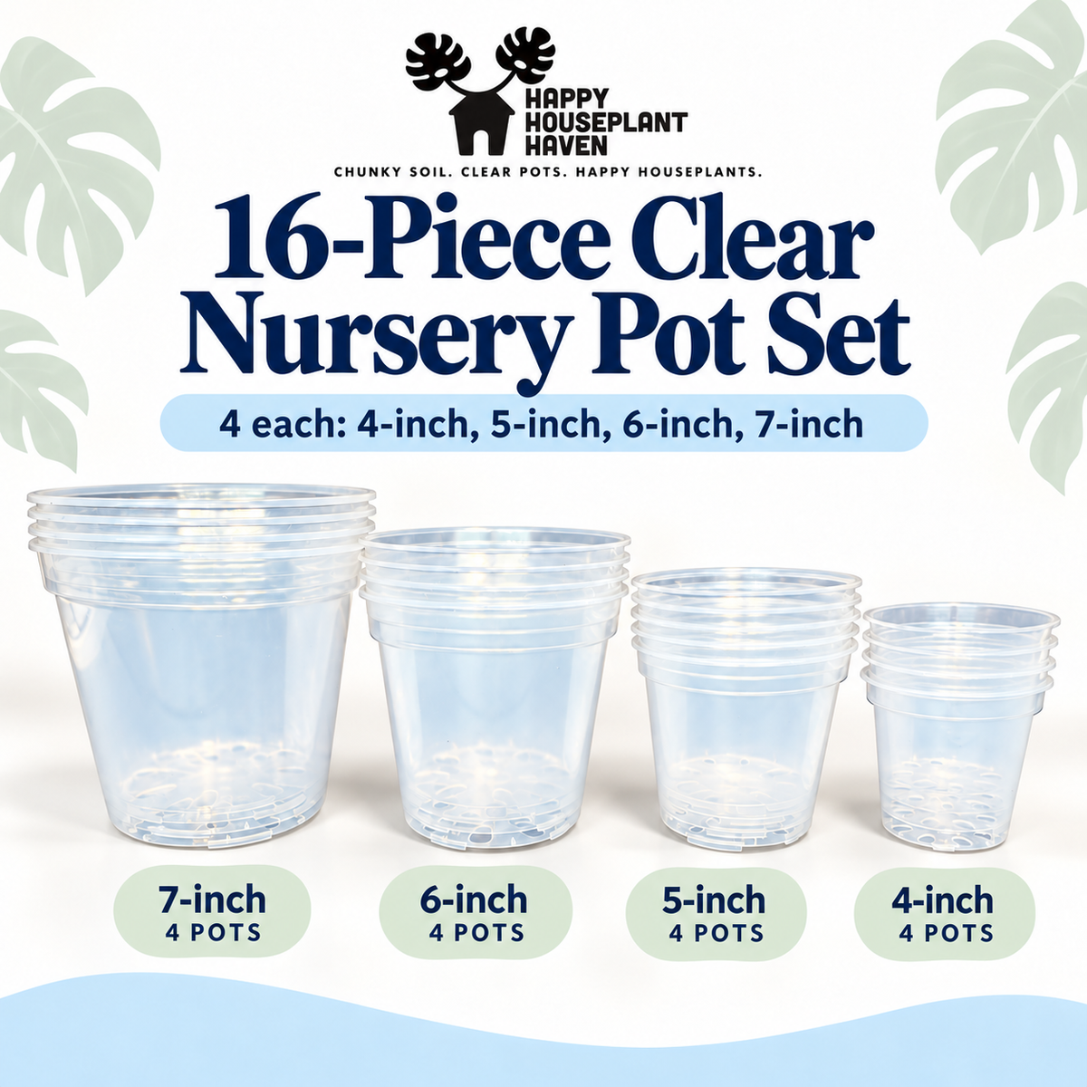 Clear Nursery Pot Set | 16 Pieces: 4", 5", 6" & 7" | Clear Plant Pots for Repotting