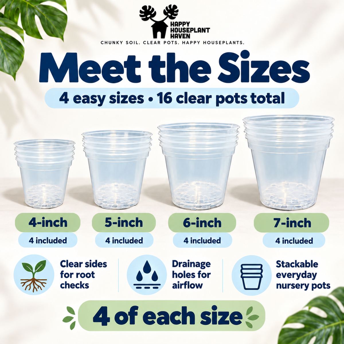 Clear Nursery Pot Set | 16 Pieces: 4", 5", 6" & 7" | Clear Plant Pots for Repotting