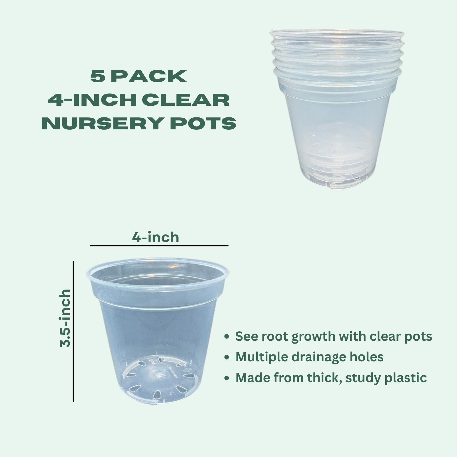 4-Inch Clear Plastic Plant Pot with Drainage Screens | 5 Pack or 12 Pack | Durable Glossy Nursery Pot for Repots Cuttings & Starter Plants