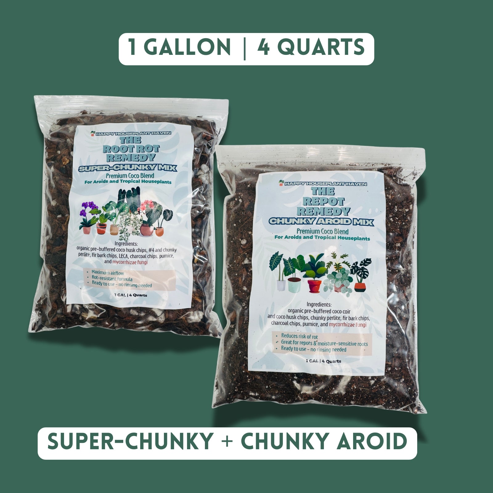 Two packages of Happy Houseplant Haven soil mixes on a green background
