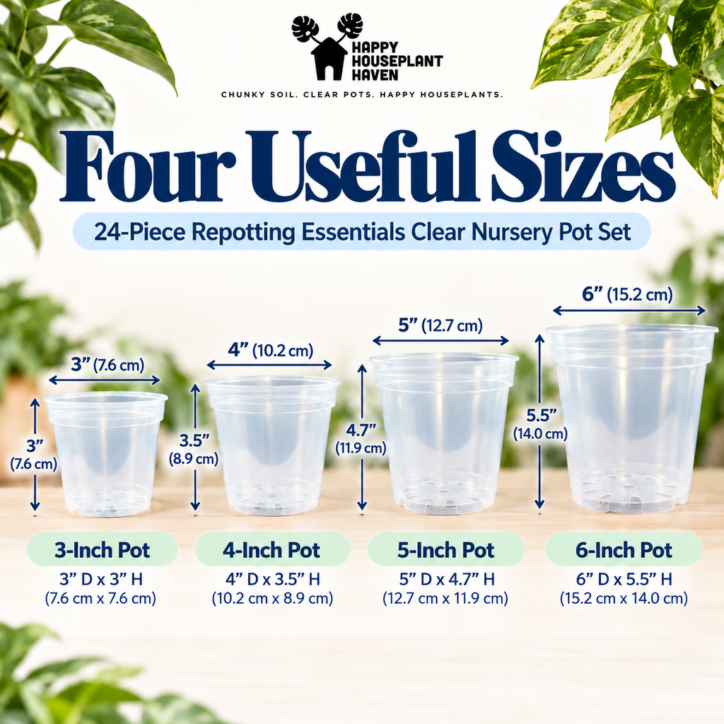 24-Piece Clear Nursery Pot Set |  Sizes: 3", 4", 5" & 6" | Clear Plant Pots for Repotting