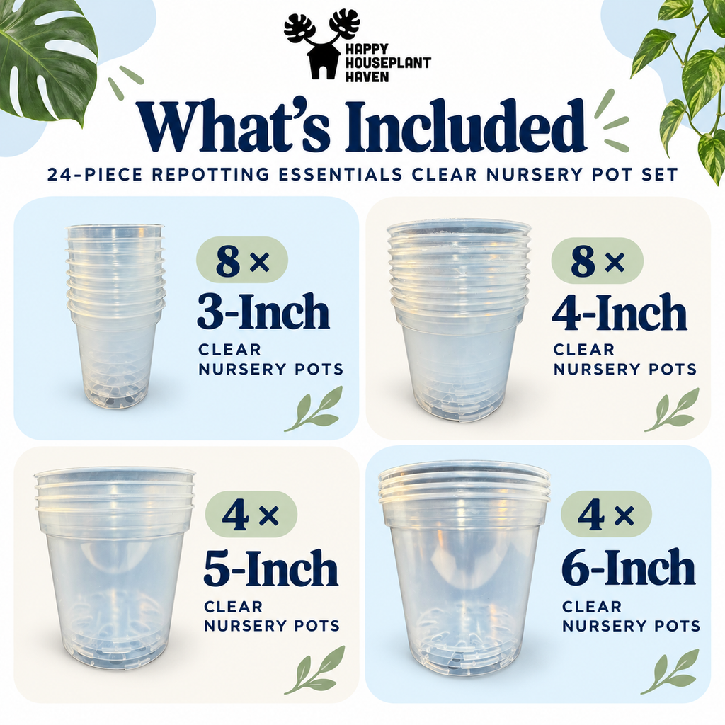 24-Piece Clear Nursery Pot Set |  Sizes: 3", 4", 5" & 6" | Clear Plant Pots for Repotting