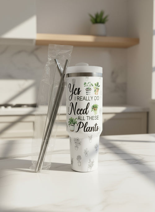40 oz " It's Not Hoarding If It's Plants" Stainless Steel BPA-Free Travel Mug with Straw Lid and Cleaner