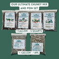Gardening mix and seed packets with labeled quantities on a green background