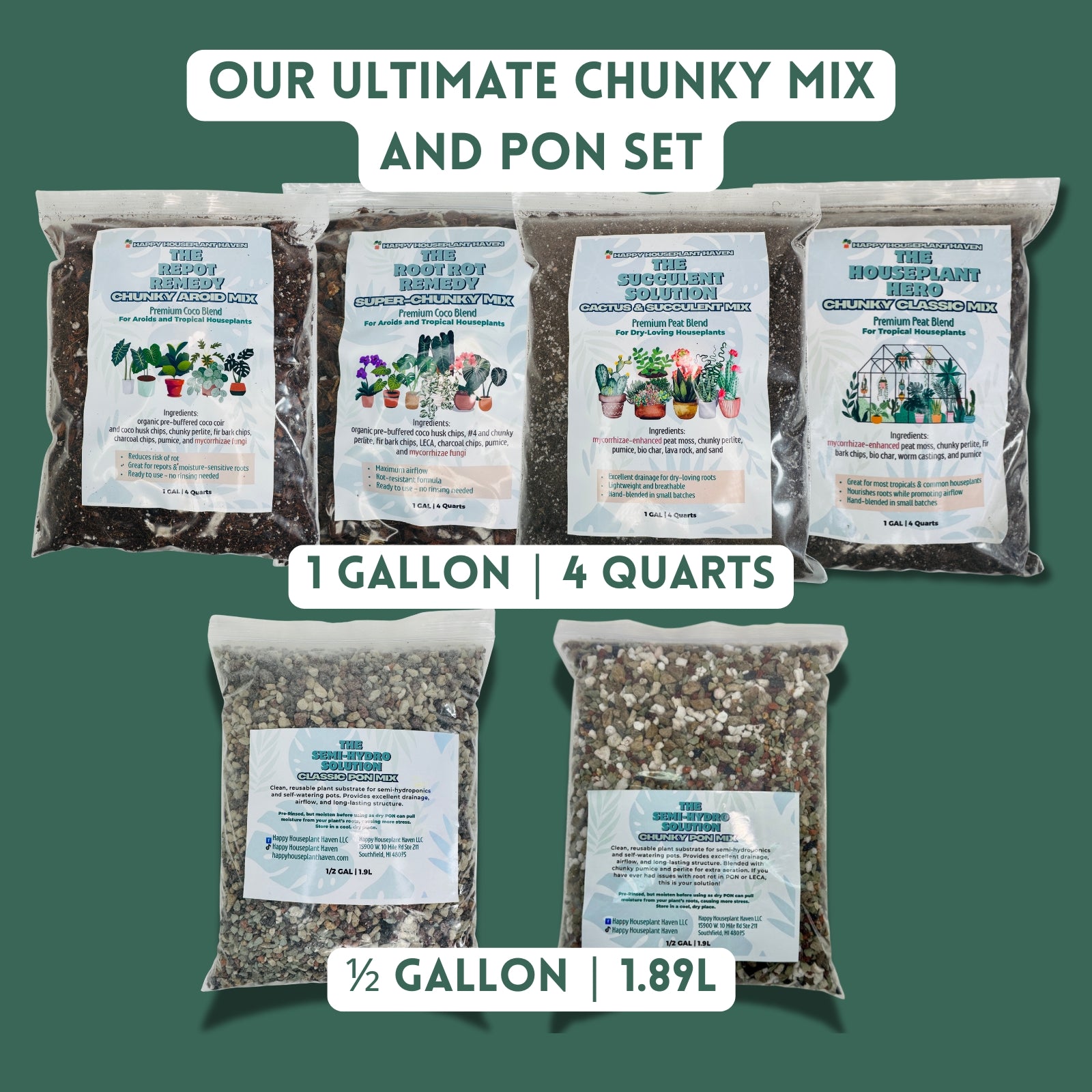 Gardening mix and seed packets with labeled quantities on a green background