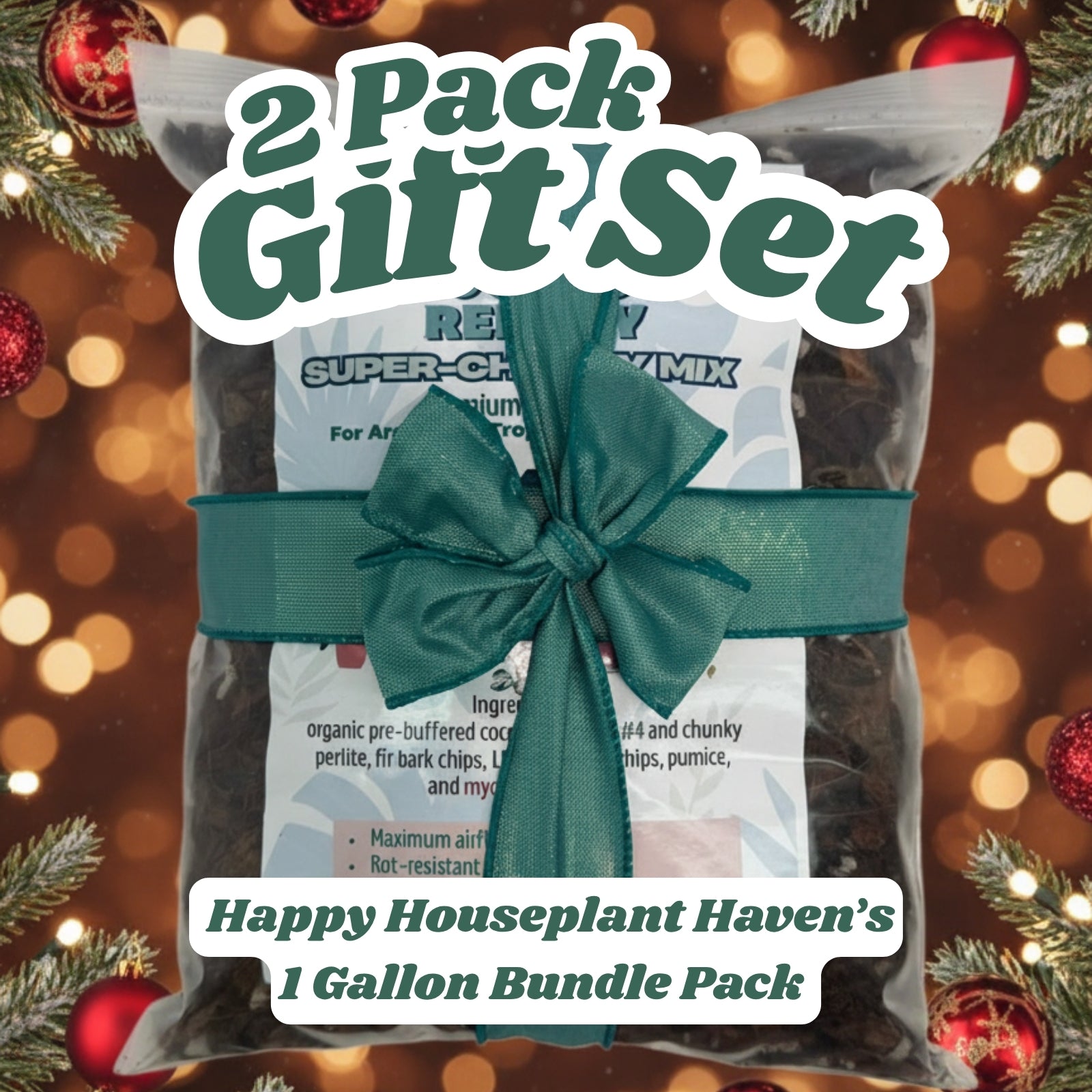 Two-pack gift set with a green bow against a festive background with lights and decorations.