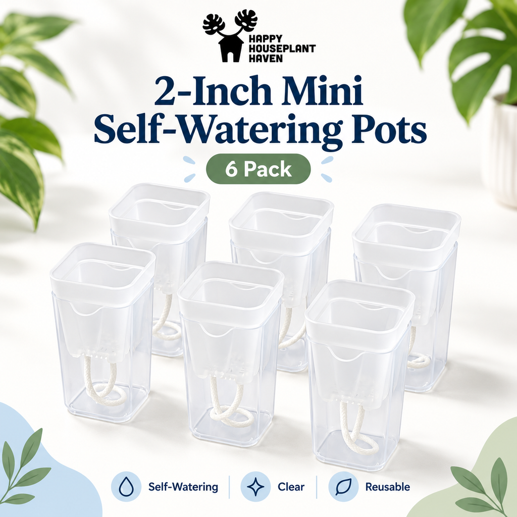 Six clear 2-inch mini self-watering pots arranged on a white background with decorative green leaves in the corners. Text at the top reads '2-Inch Mini Self-Watering Pots' and '6 Pack,' with the Happy Houseplant Haven logo above.