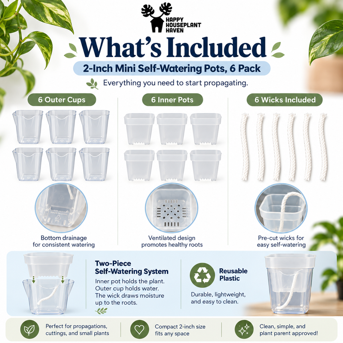 An infographic detailing the contents of a 6-pack of Happy House Plant Haven 2-inch mini self-watering pots. The image shows six clear plastic outer cups, six clear plastic pots with drainage holes, six white pre-cut wicks, and circular diagrams explaining the two-piece self-watering system and ventilation design.