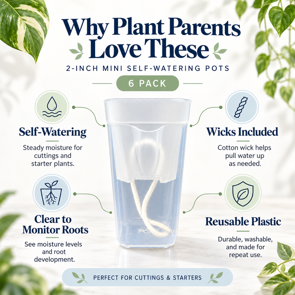 Promotional graphic for a 6-pack of 2-inch mini self-watering pots, featuring a clear plastic pot with a white wick and water level indicator, surrounded by feature callouts: self-watering, wicks included, clear to monitor roots, reusable plastic, and perfect for cuttings & starters.