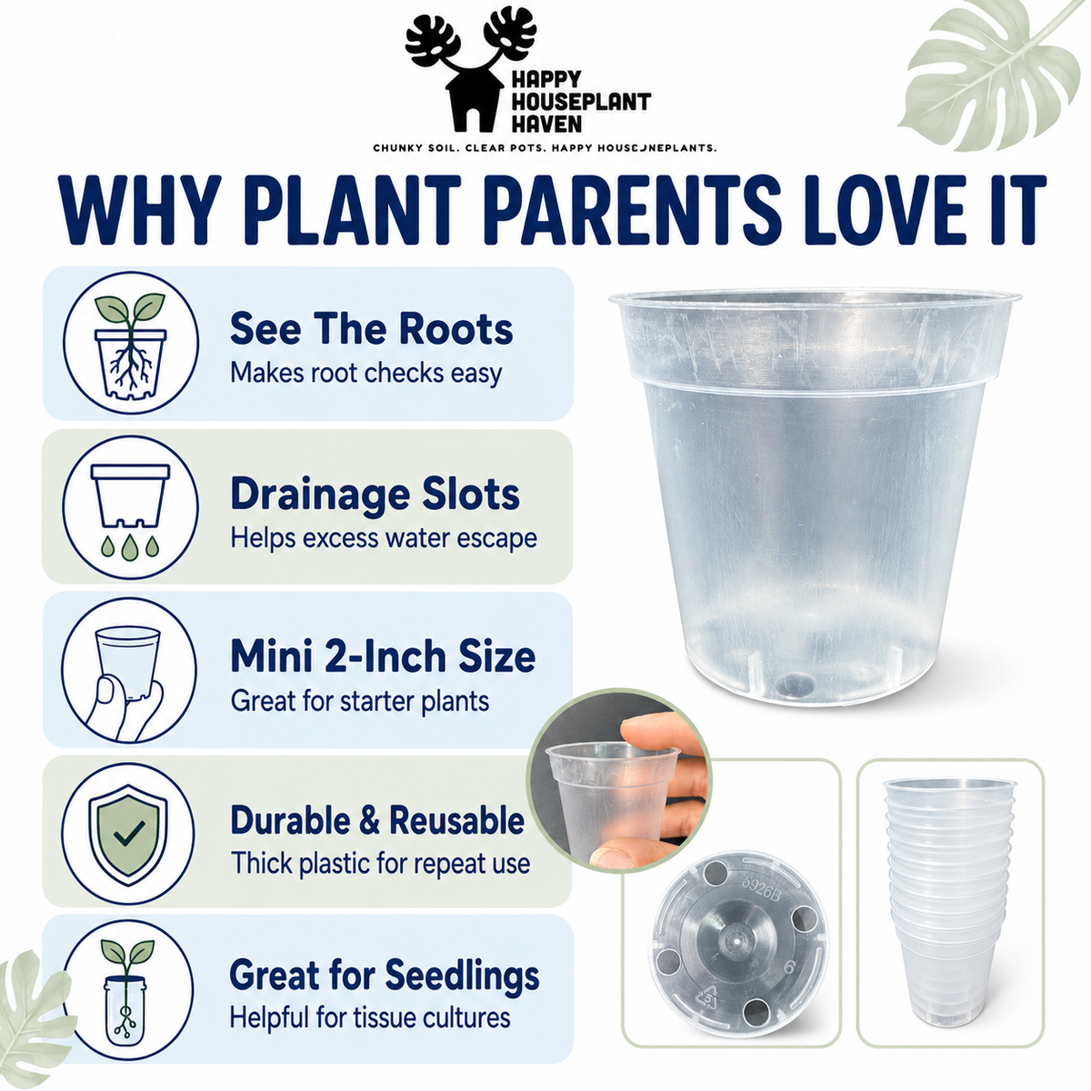 Promotional graphic for a Happy House Plant Haven clear plastic starter pot, showing the transparent cup, a close-up of the drainage slot, a stack of cups, and feature callouts about seeing roots, drainage, mini 2-inch size, durability, and use for seedlings.