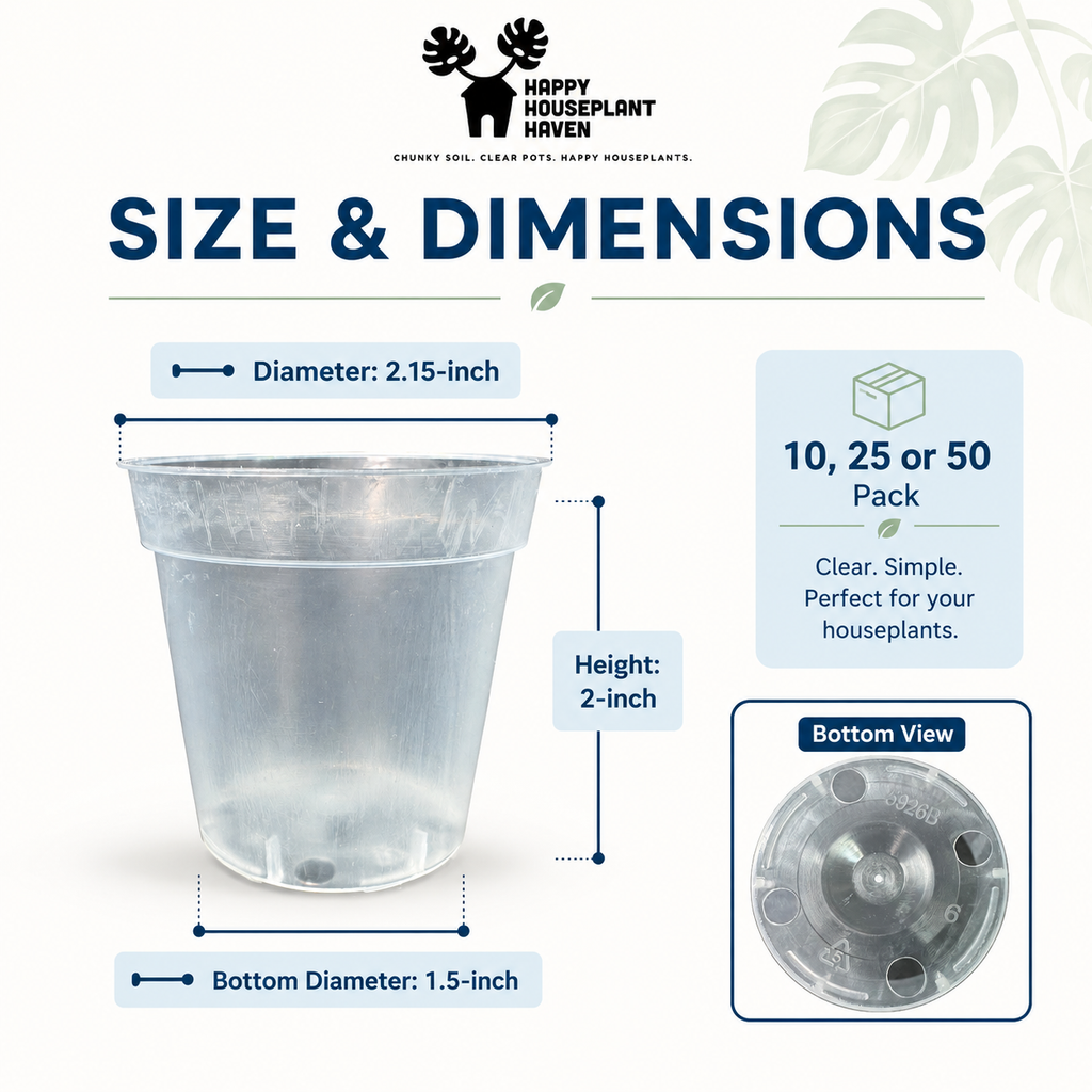 Size and dimensions chart for a clear plastic houseplant pot from Happy Houseplant Haven, showing a 2-inch height, 2.15-inch diameter, and 1.