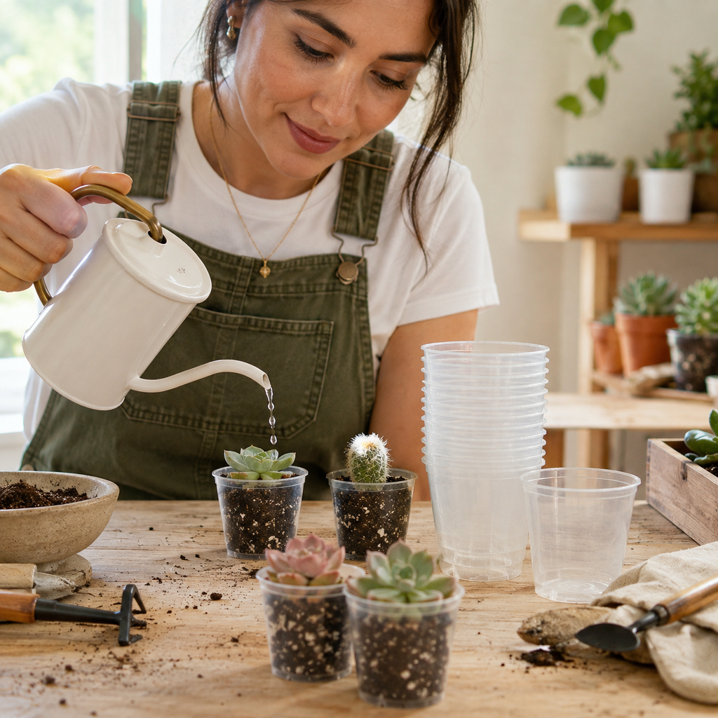 A woman wearing green overalls and a white t-shirt waters small potted succulents and cacti from a white ceramic gooseneck watering can on a wooden table. Clear plastic pots and gardening tools are visible in a bright, sunlit indoor garden setting.