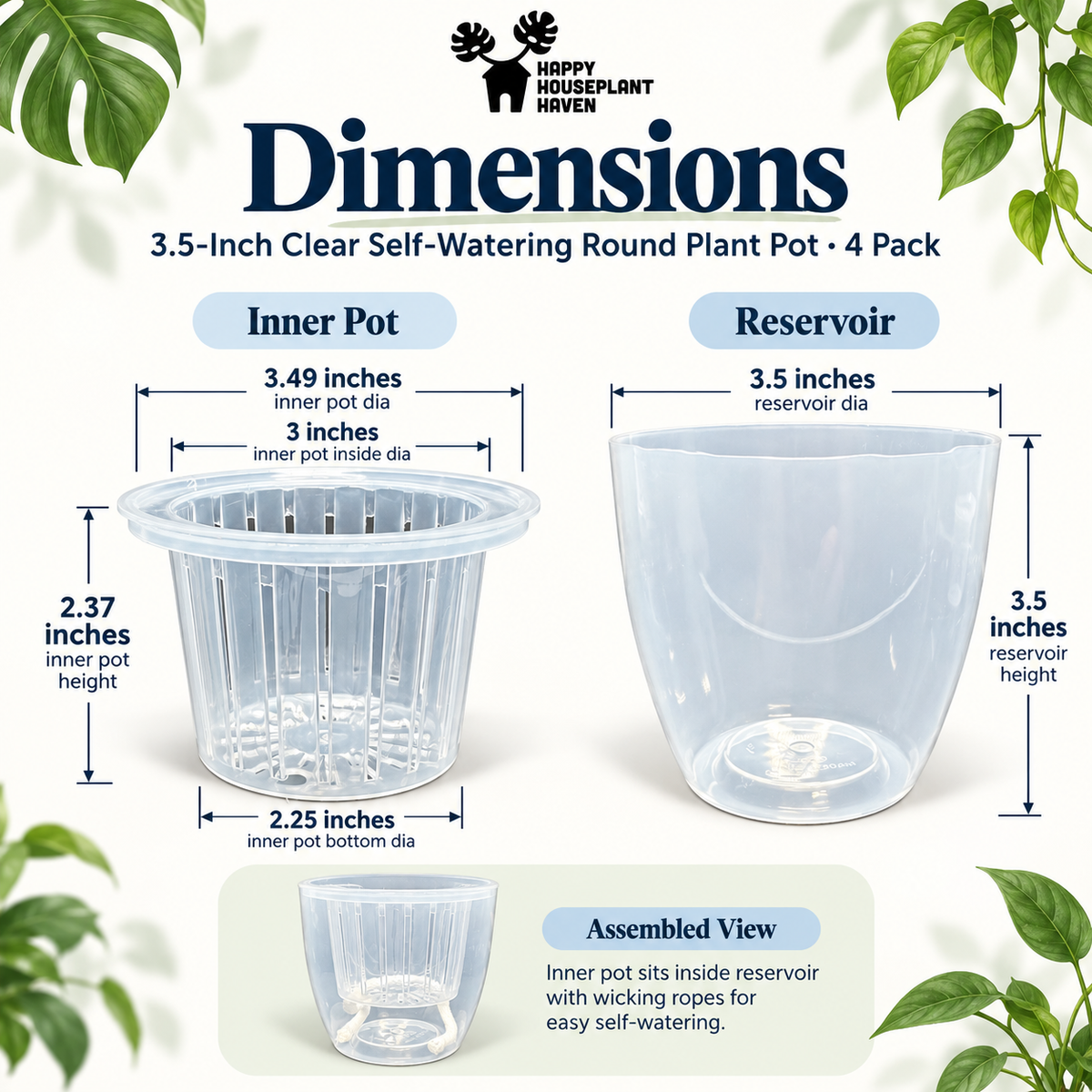 3.5-Inch Clear Self-Watering Round Pots with Wicks | 4 Pack | LECA & Semi-Hydro Pots