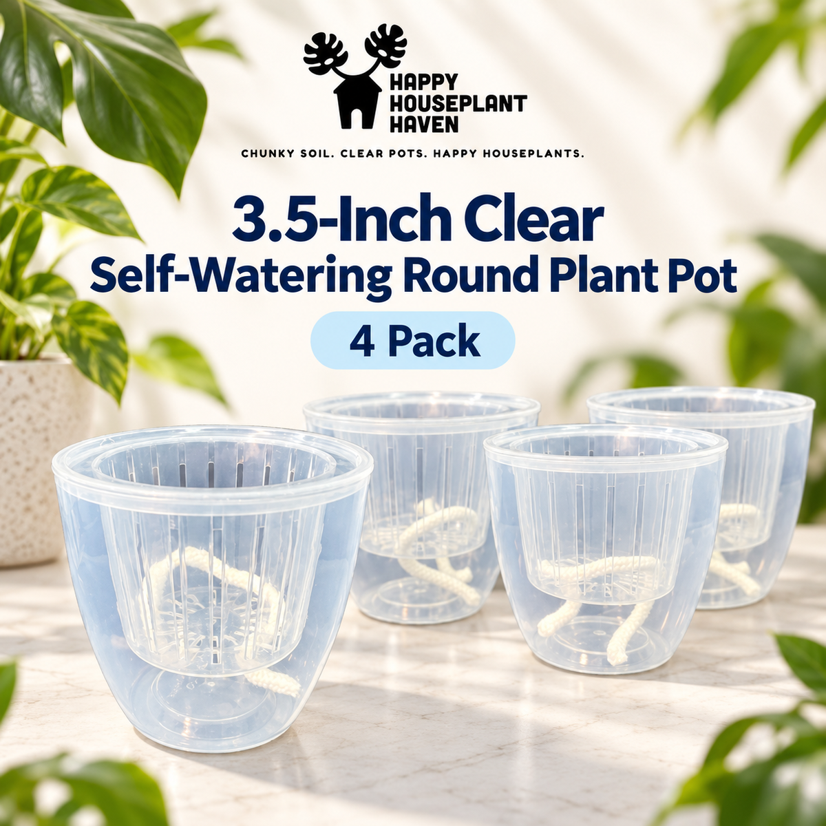 3.5-Inch Clear Self-Watering Round Pots with Wicks | 4 Pack | LECA & Semi-Hydro Pots