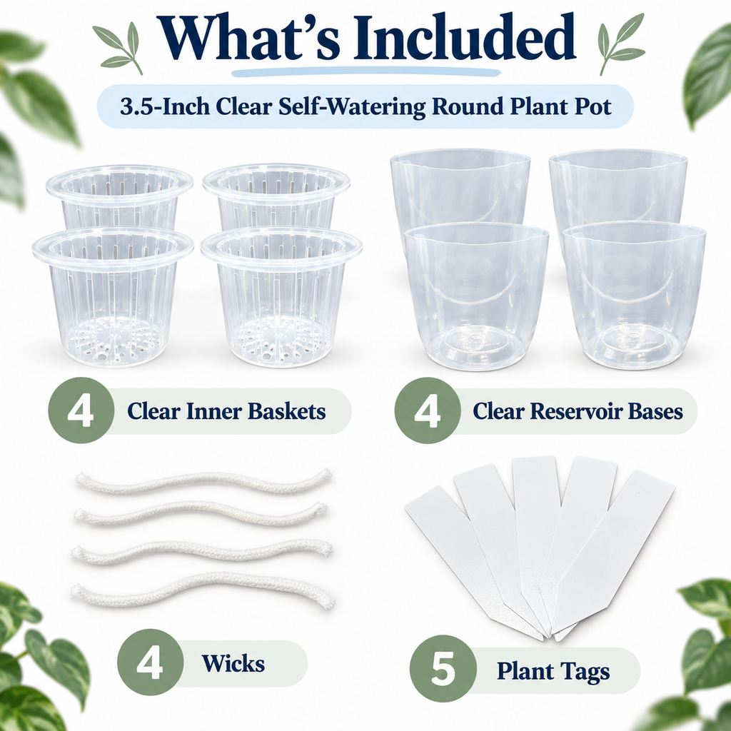 3.5-Inch Clear Self-Watering Round Pots with Wicks | 4 Pack | LECA & Semi-Hydro Pots