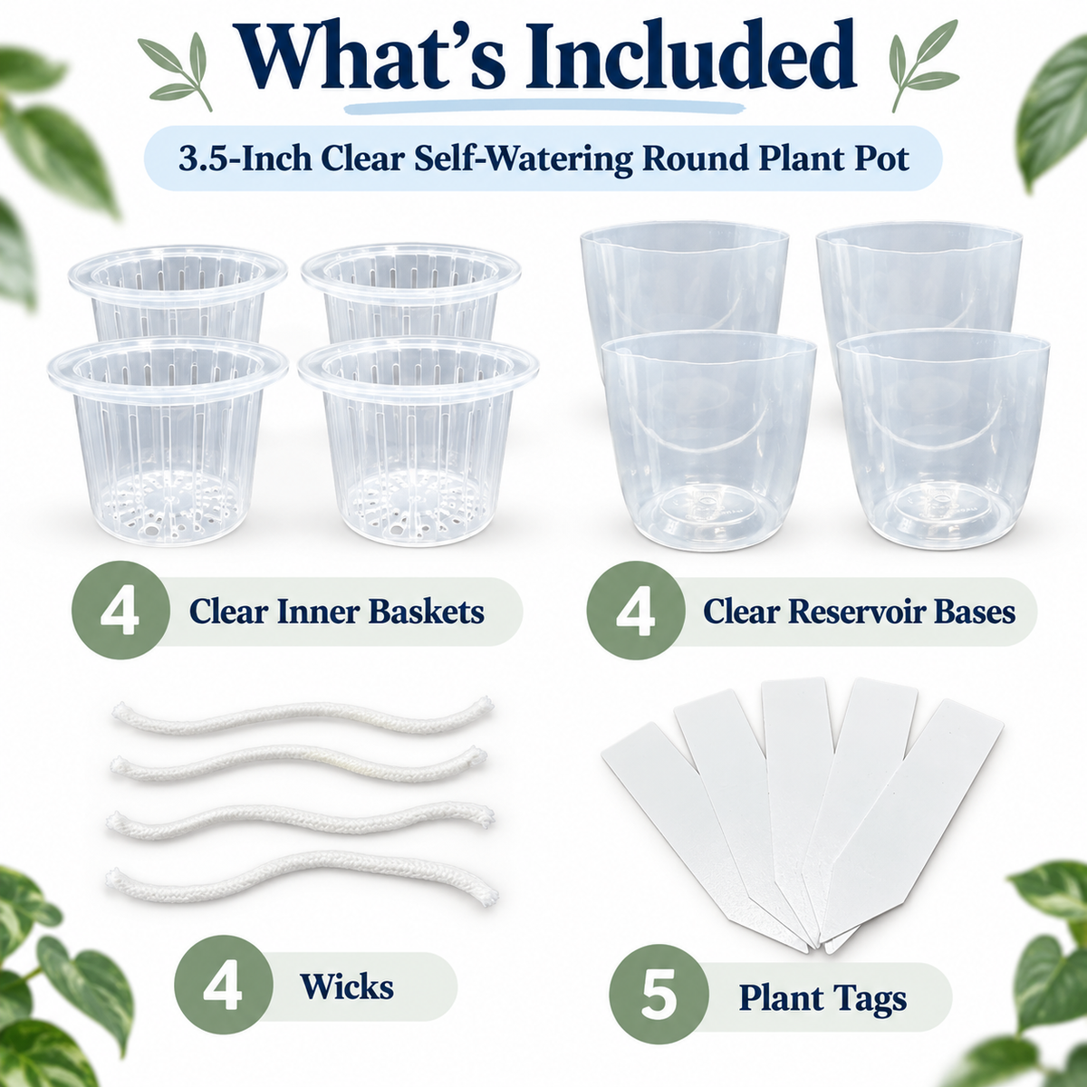 3.5-Inch Clear Self-Watering Round Pots with Wicks | 4 Pack | LECA & Semi-Hydro Pots