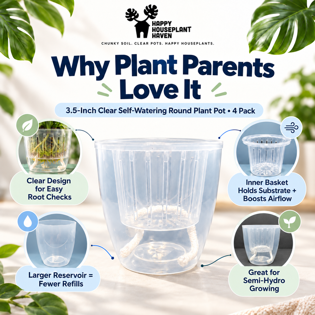 3.5-Inch Clear Self-Watering Round Pots with Wicks | 4 Pack | LECA & Semi-Hydro Pots