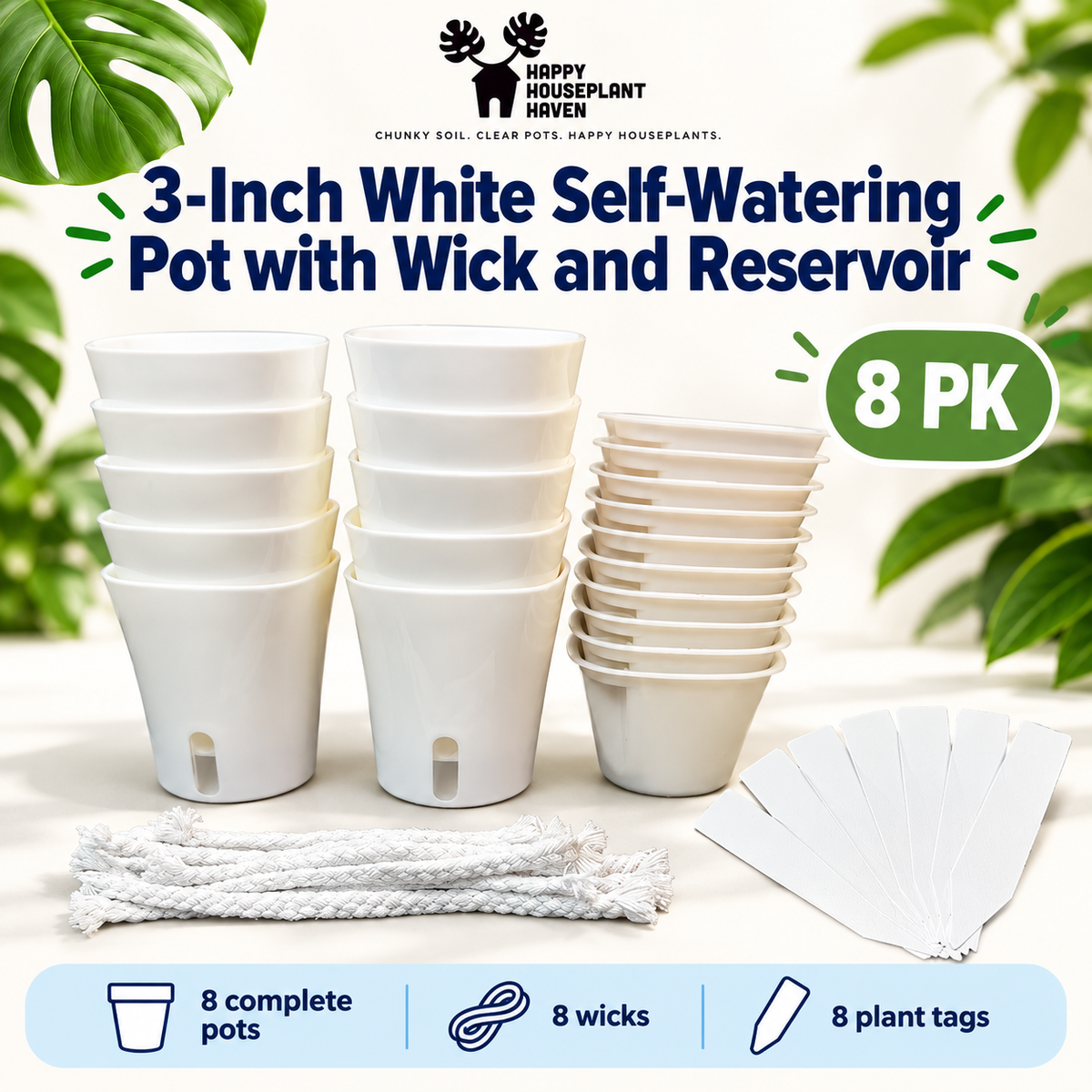 3-Inch White Self-Watering Pots with Water Level Indicator | 4, 8 or 24 Pack