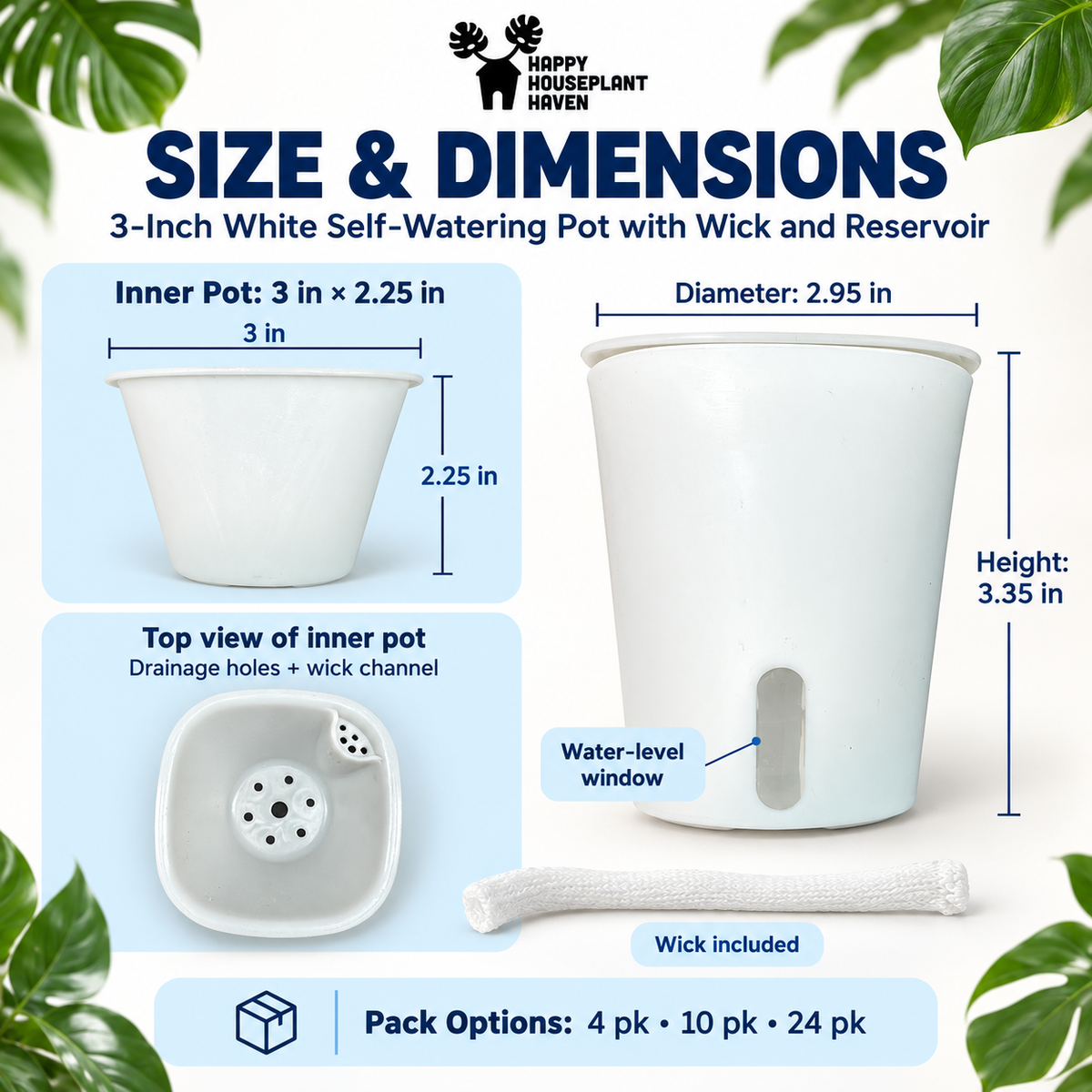 3-Inch White Self-Watering Pots with Water Level Indicator | 4, 8 or 24 Pack