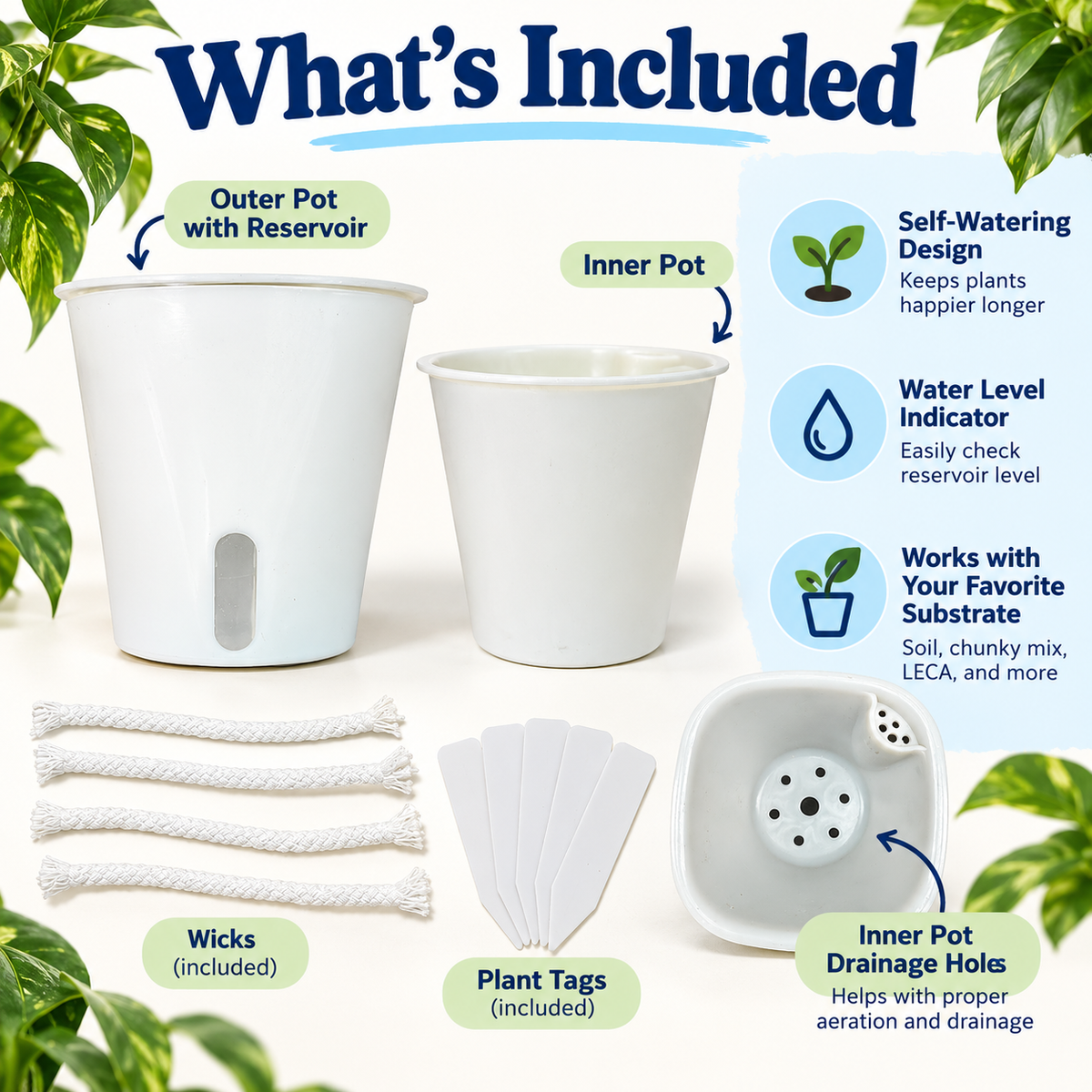 3-Inch White Self-Watering Pots with Water Level Indicator | 4, 8 or 24 Pack