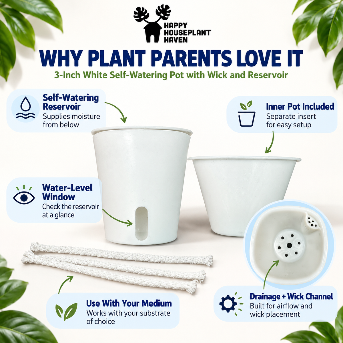 3-Inch White Self-Watering Pots with Water Level Indicator | 4, 8 or 24 Pack