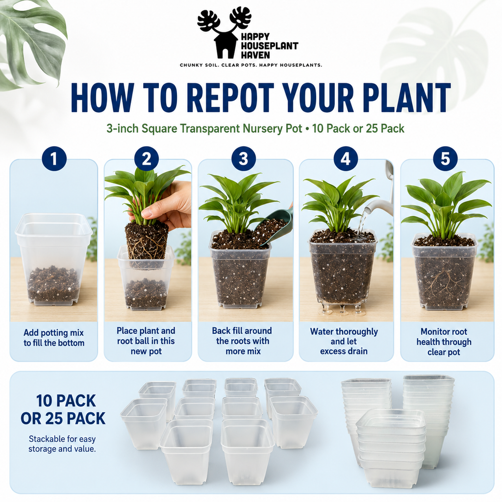 3-Inch Clear Square Nursery Pot | 10 Pack or 25 Pack | Transparent Plant Pot for Cuttings and Starter Plants