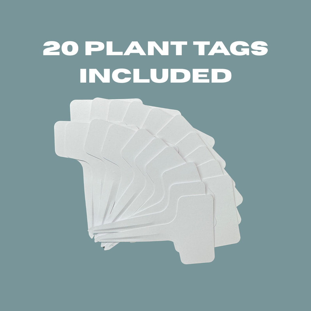 Stack of white plant tags with text '20 Plant Tags Included' on a gray background