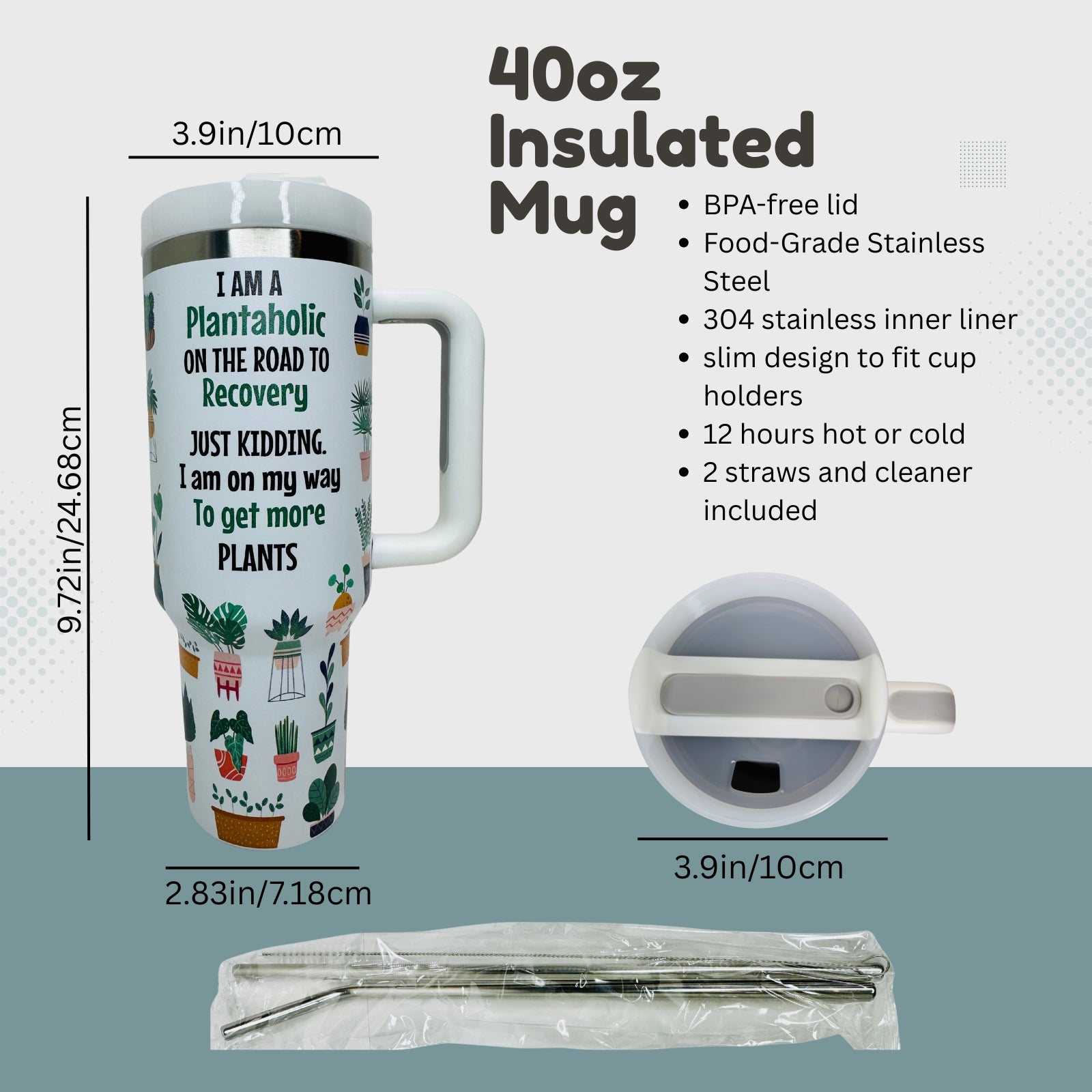 40 oz "Plantaholic" Stainless Steel Tumbler | BPA-Free Coffee Mug | Hot/Cold Drinks | Travel Water Bottle with Straw and Lid