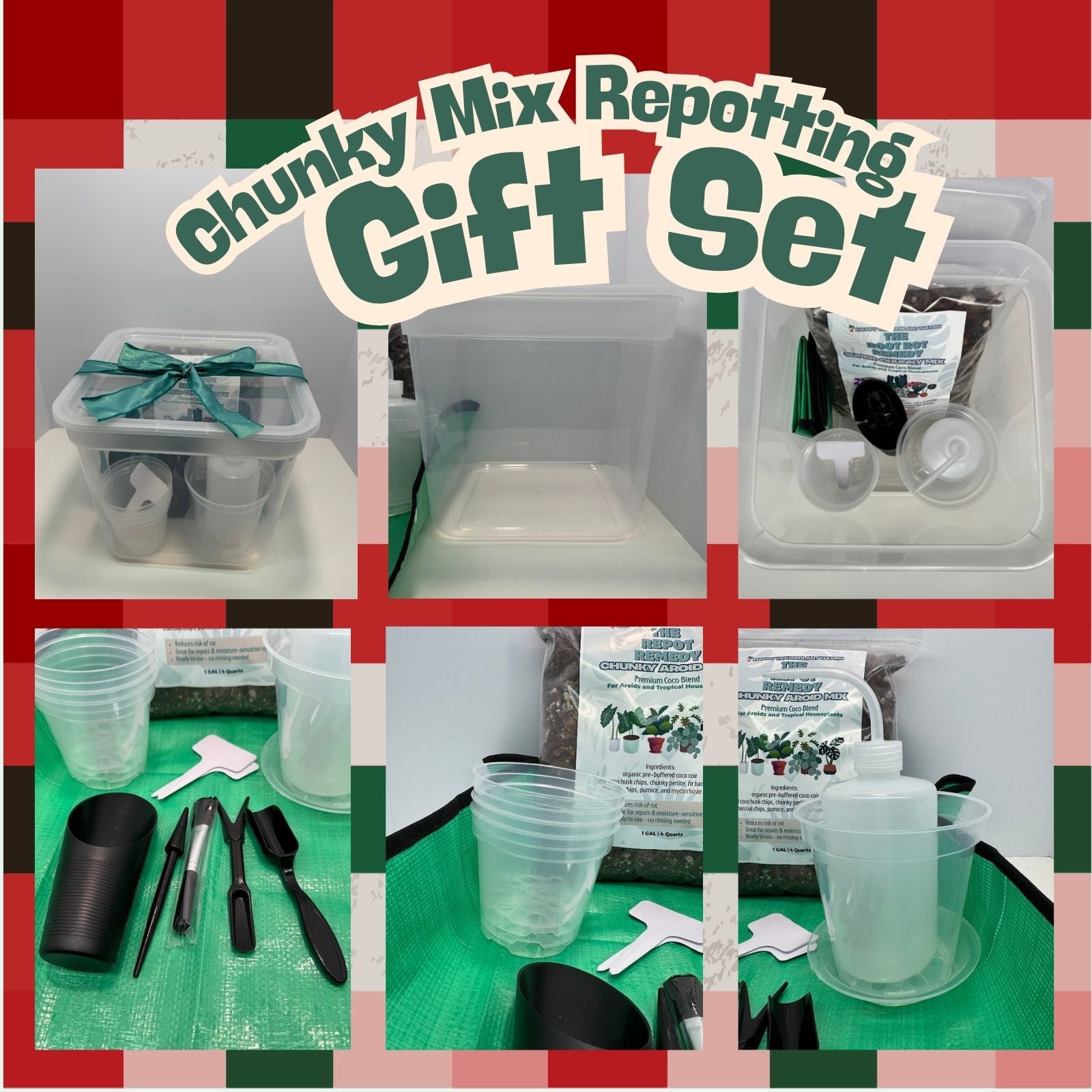 Collage of a chunky mix repotting gift set with various gardening tools and supplies on a checkered background.