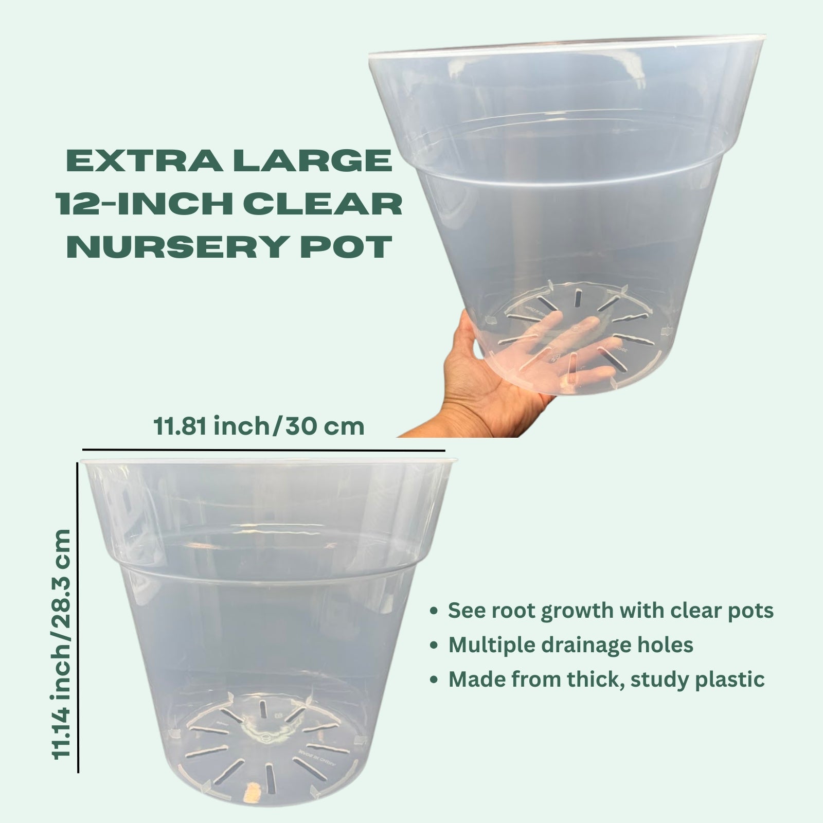 12 Inch Extra Large Clear Nursery Pot | Transparent Plastic Planter for Indoor & Outdoor Plants