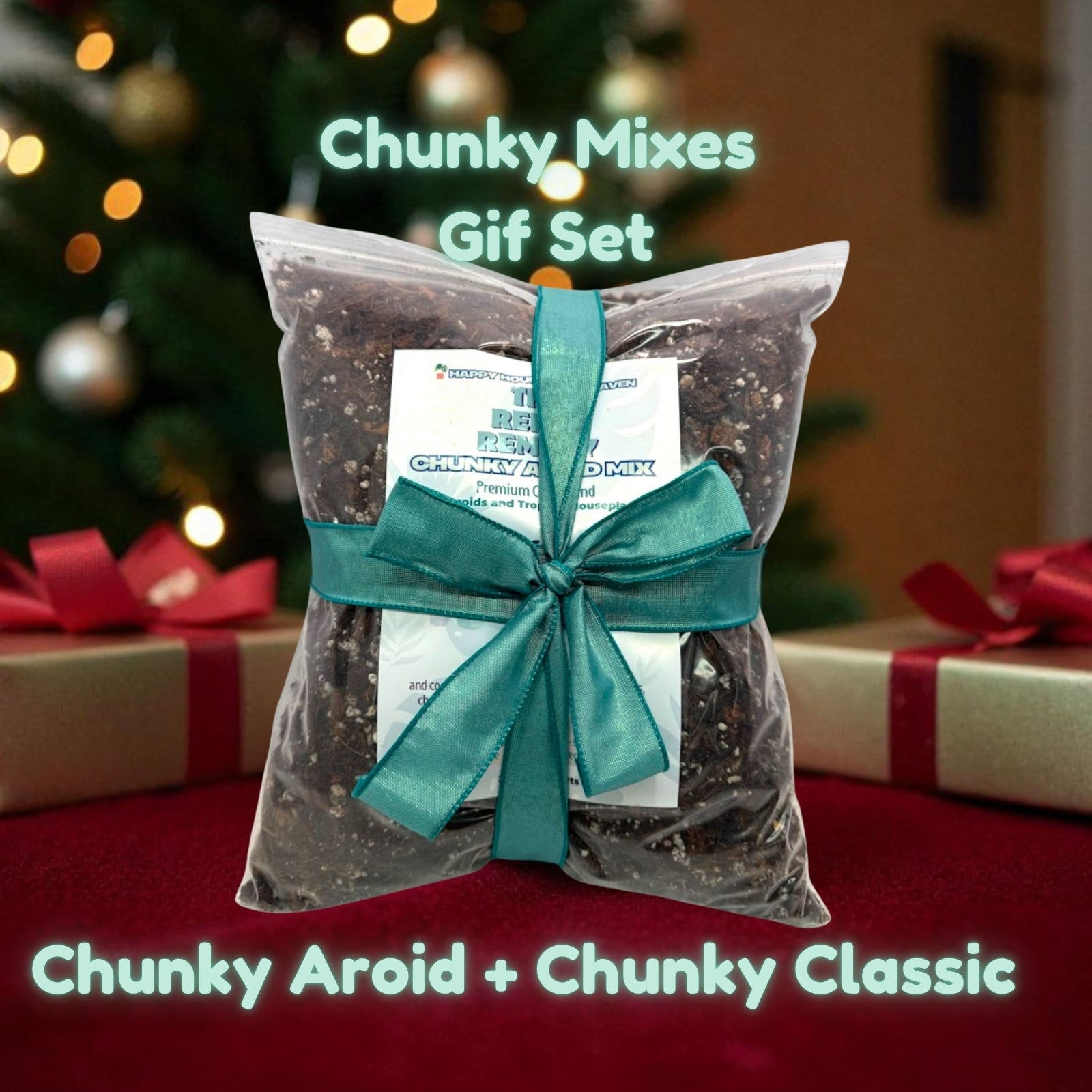 Packaged gift set with 'Chunky Mixes' labeled, tied with a teal ribbon, against a festive background.