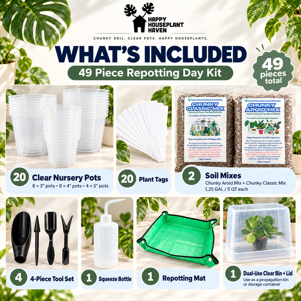 49-Piece Repotting Day Kit | Clear Nursery Pots, Potting Mix, Tools & Propagation Bin