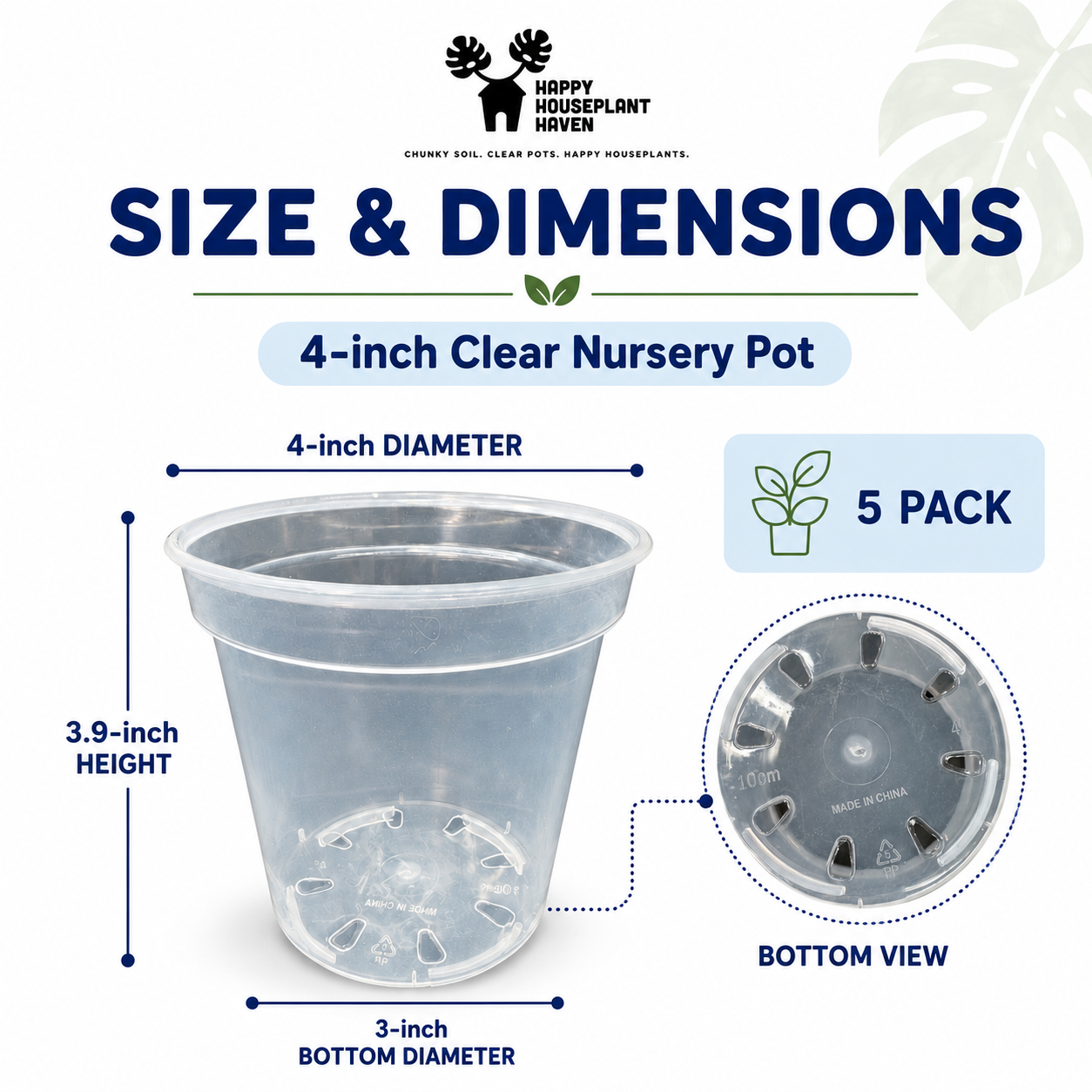 Size and dimensions chart for a 4-inch clear nursery pot, showing the pot with labeled diameter, height, and bottom diameter, plus a bottom-view inset and a 5-pack badge. The Happy Houseplant Haven logo appears at the top.