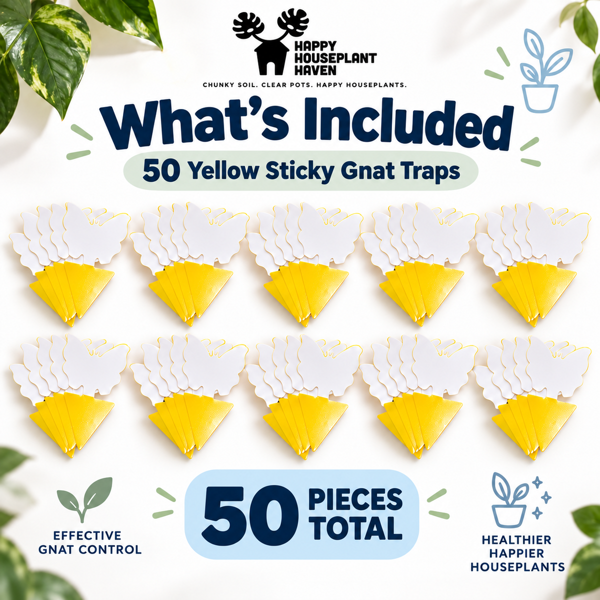 Yellow Sticky Gnat Traps | 50 Pack | Butterfly Fungus Gnat Traps for Houseplants