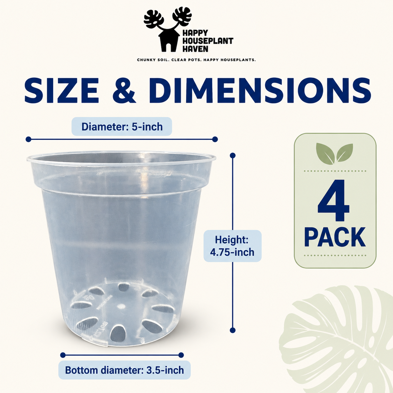 5-Inch Clear Nursery Pots | 4 pack | Large Transparent Plastic Plant Pots with Drainage for Indoor Tropical Houseplants