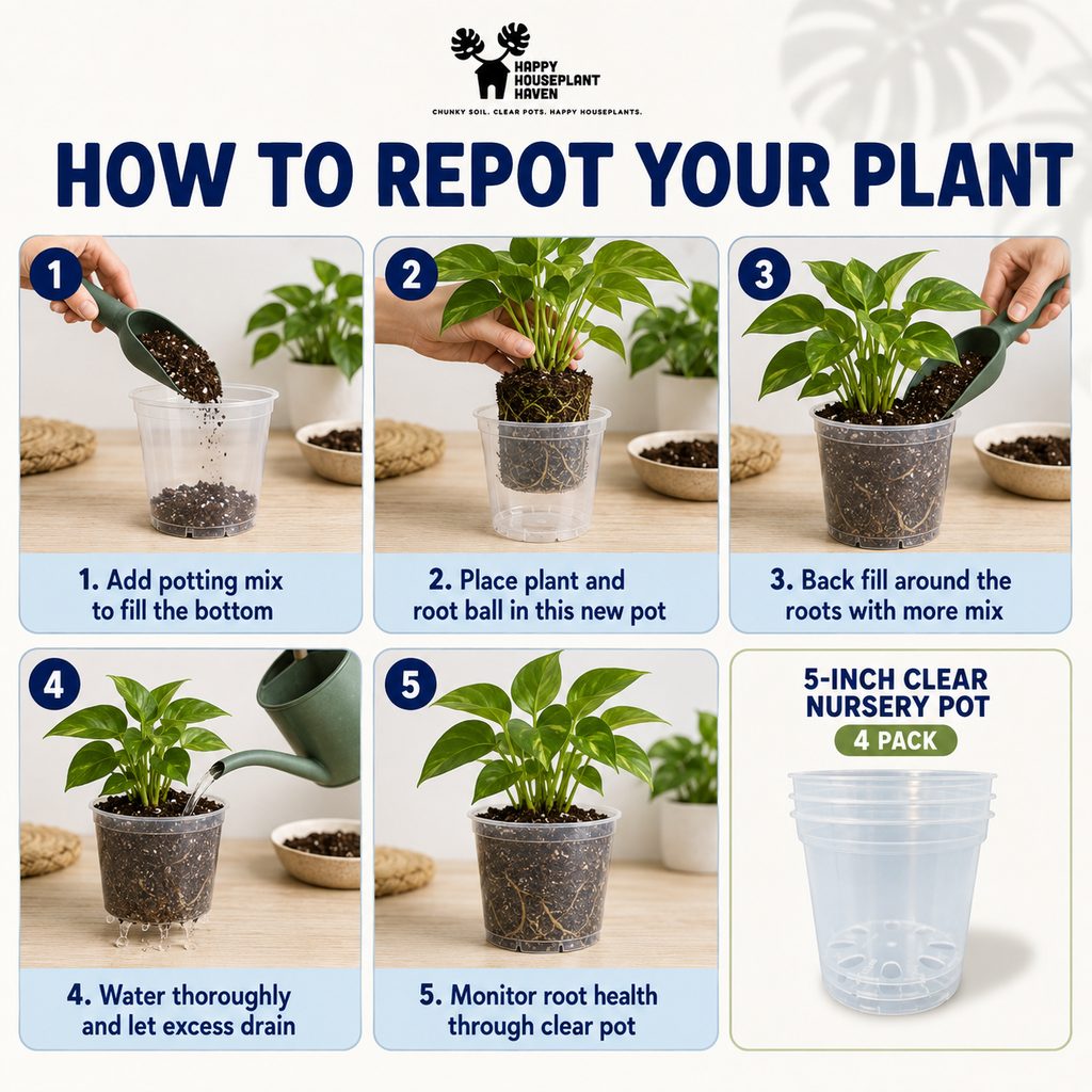 5-Inch Clear Nursery Pots | 4 pack | Large Transparent Plastic Plant Pots with Drainage for Indoor Tropical Houseplants
