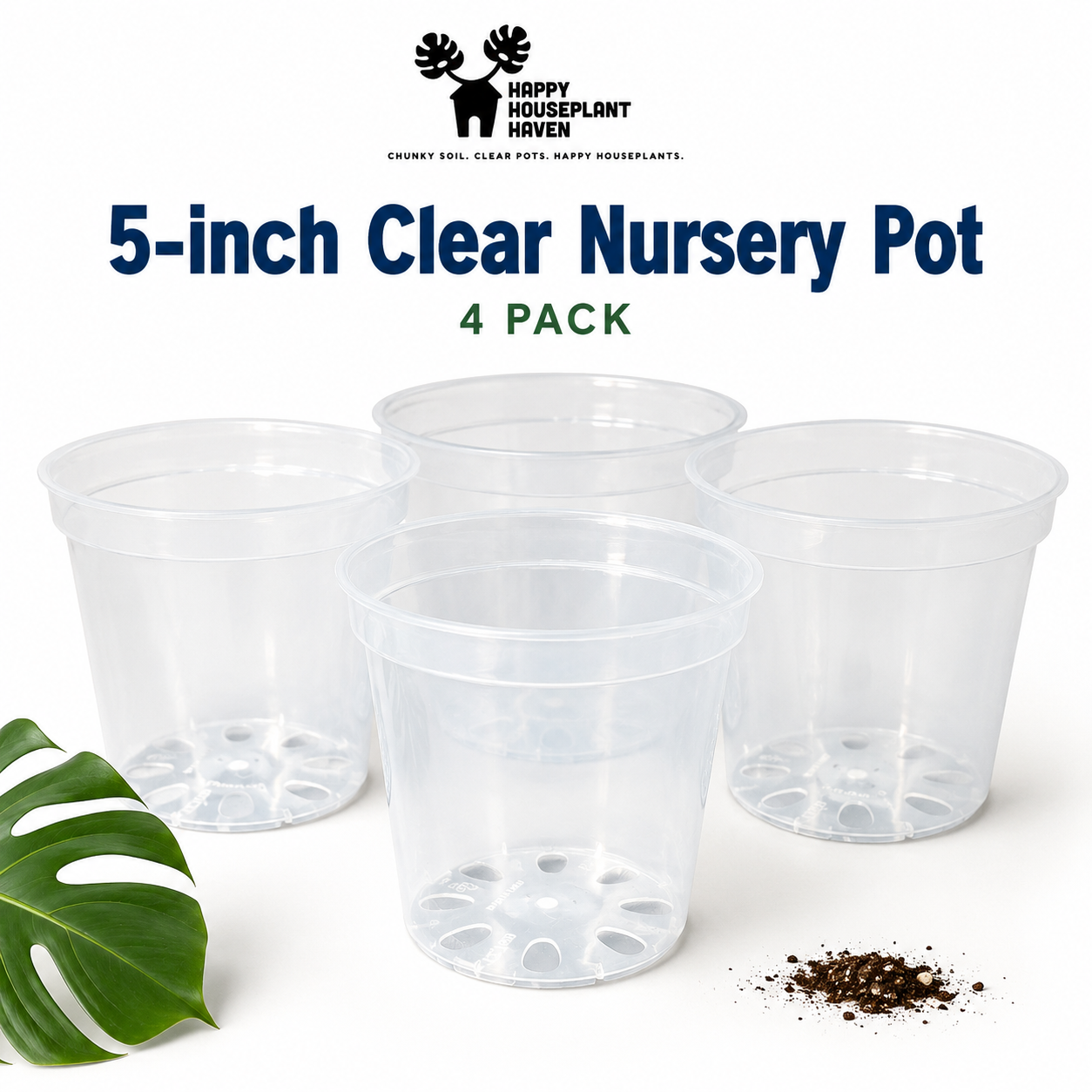 5-Inch Clear Nursery Pots | 4 pack | Large Transparent Plastic Plant Pots with Drainage for Indoor Tropical Houseplants