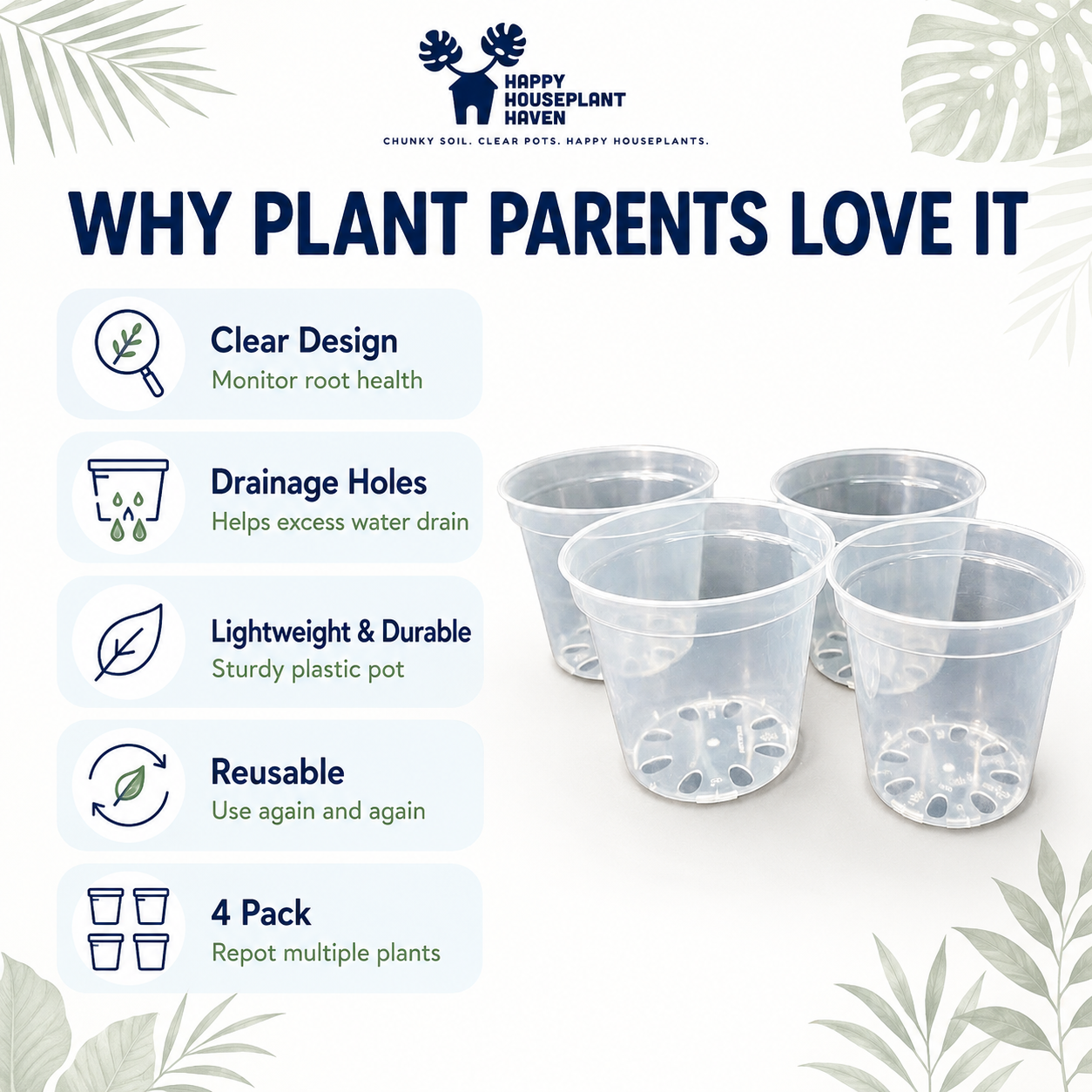5-Inch Clear Nursery Pots | 4 pack | Large Transparent Plastic Plant Pots with Drainage for Indoor Tropical Houseplants
