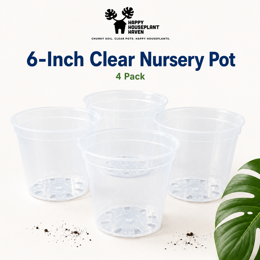 Four clear plastic 6-inch nursery pots arranged on a white background with the Happy Houseplant Haven logo and '6-Inch Clear Nursery Pot 4 Pack' text above, plus a green monstera leaf and small soil specks as props.