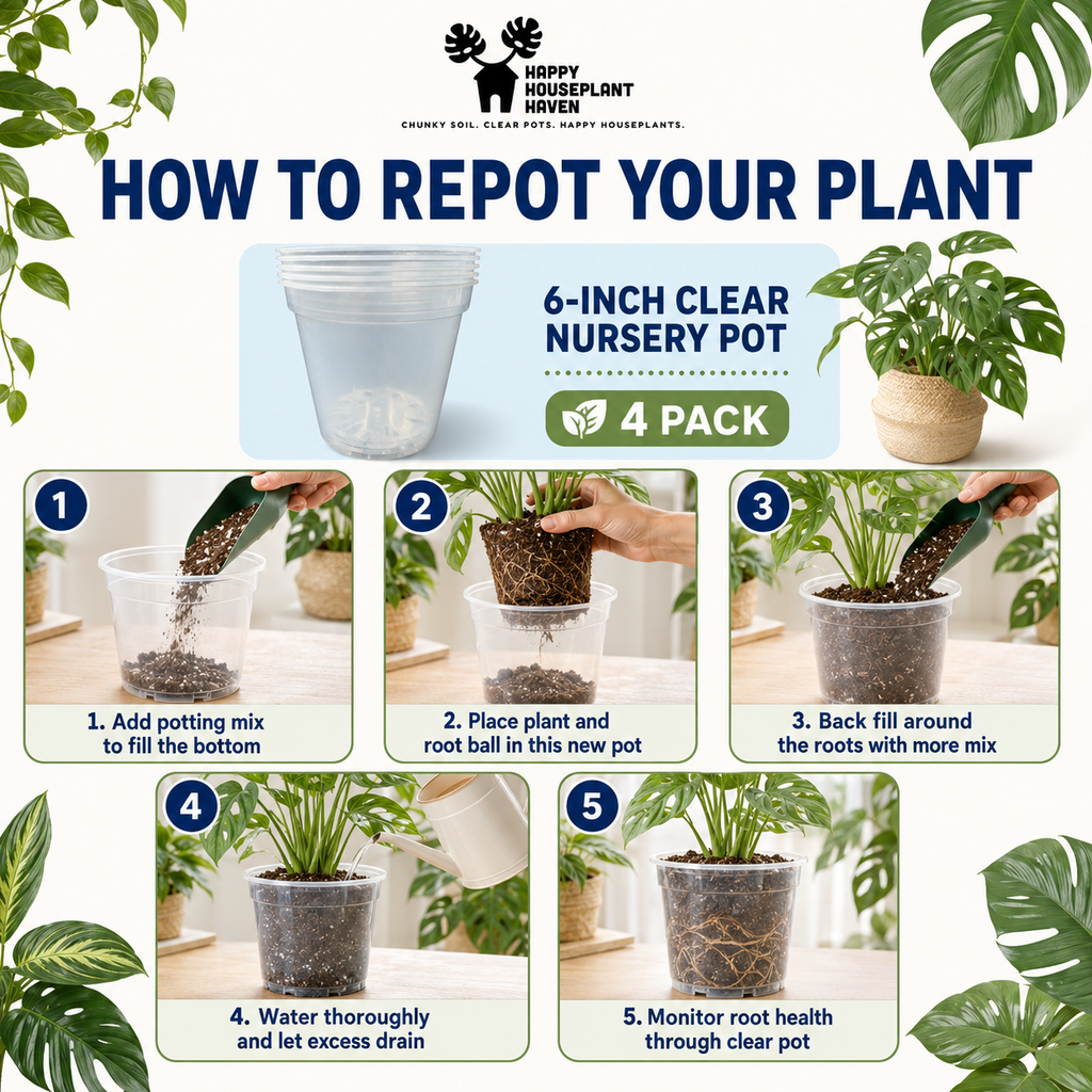 An instructional graphic titled 'HOW TO REPOT YOUR PLANT' from Happy Houseplant Haven, showing a 6-inch clear nursery pot and a five-step guide with numbered panels demonstrating how to pot and water a plant.